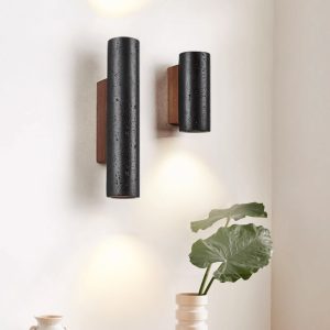 Puglis - Kinkiet drewniany z czarnym trawertynem do salonu, Ø7x16/23/32/60 cm