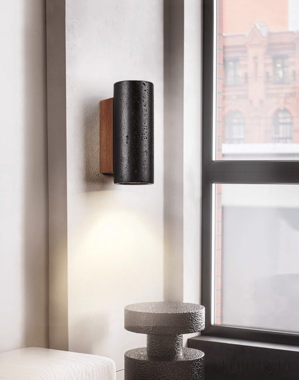 Puglis - Kinkiet drewniany z czarnym trawertynem do salonu, Ø7x16/23/32/60 cm