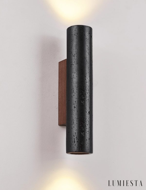 Puglis - Kinkiet drewniany z czarnym trawertynem do salonu, Ø7x16/23/32/60 cm