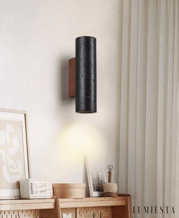 Puglis - Kinkiet drewniany z czarnym trawertynem do salonu, Ø7x16/23/32/60 cm