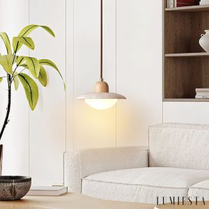 RivieraX - lampa wisząca z drewna, metalu i żółtego trawertynu, widok z dołu