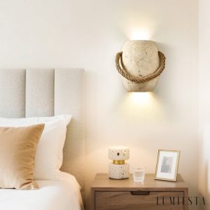 Romara - Lampa wisząca trawertynowa żółta ze sznurem konopnym nad stół Ø16x20cm