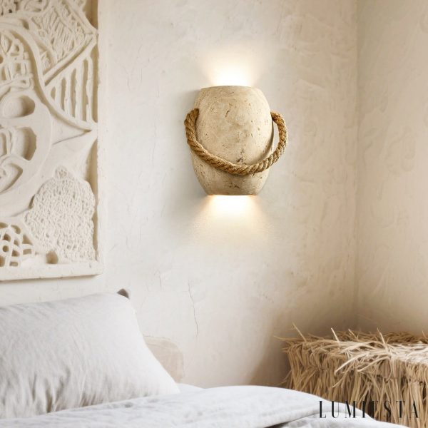 Romara - Lampa wisząca trawertynowa żółta ze sznurem konopnym nad stół Ø16x20cm