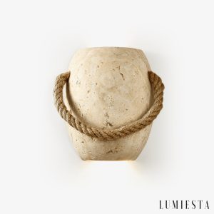 Romara - Lampa wisząca trawertynowa żółta ze sznurem konopnym nad stół Ø16x20cm