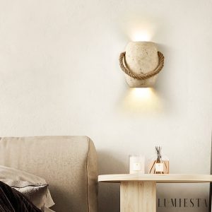 Romara - Lampa wisząca trawertynowa żółta ze sznurem konopnym nad stół Ø16x20cm