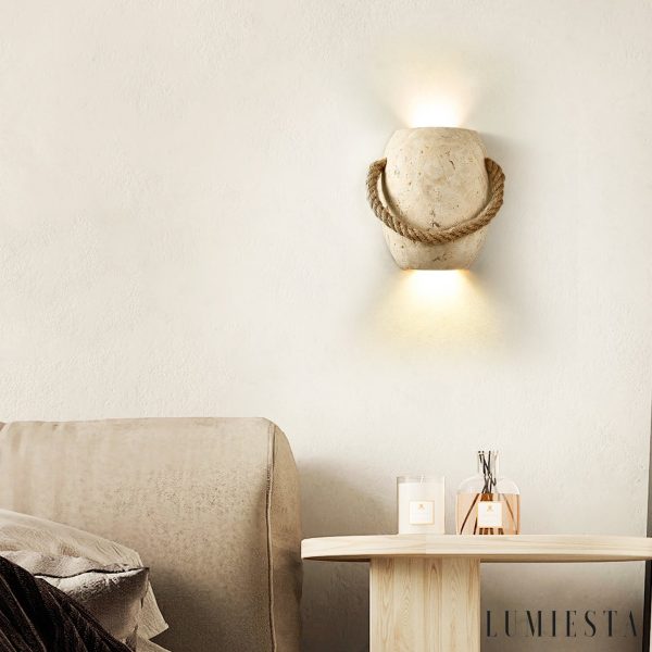 Romara - Lampa wisząca trawertynowa żółta ze sznurem konopnym nad stół Ø16x20cm