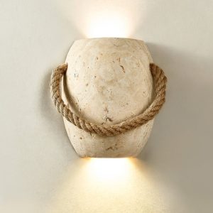 Romara - Lampa wisząca trawertynowa żółta ze sznurem konopnym nad stół Ø16x20cm
