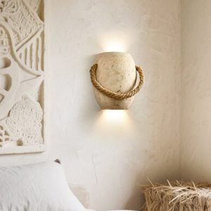 Romara - Lampa wisząca trawertynowa żółta ze sznurem konopnym nad stół Ø16x20cm