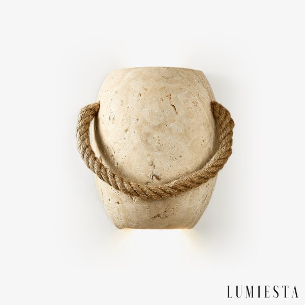 Romara - Lampa wisząca trawertynowa żółta ze sznurem konopnym nad stół Ø16x20cm