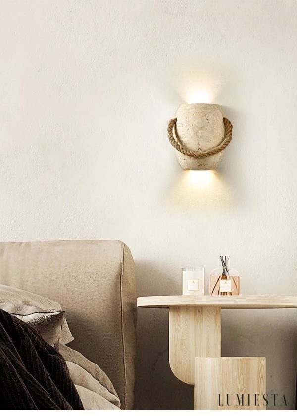 Romara - Lampa wisząca trawertynowa żółta ze sznurem konopnym nad stół Ø16x20cm