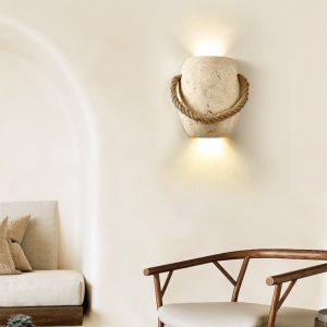 Romara - Lampa wisząca trawertynowa żółta ze sznurem konopnym nad stół Ø16x20cm