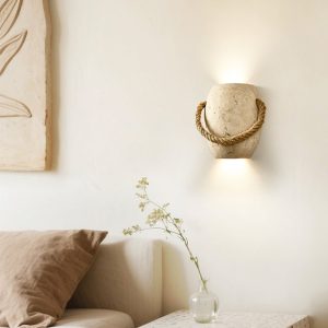 Romara - Lampa wisząca trawertynowa żółta ze sznurem konopnym nad stół Ø16x20cm