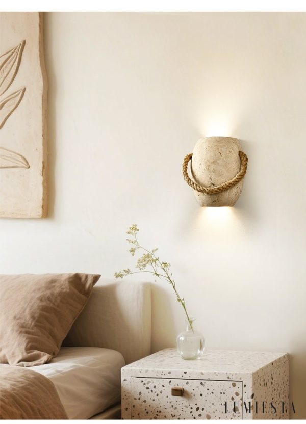 Romara - Lampa wisząca trawertynowa żółta ze sznurem konopnym nad stół Ø16x20cm