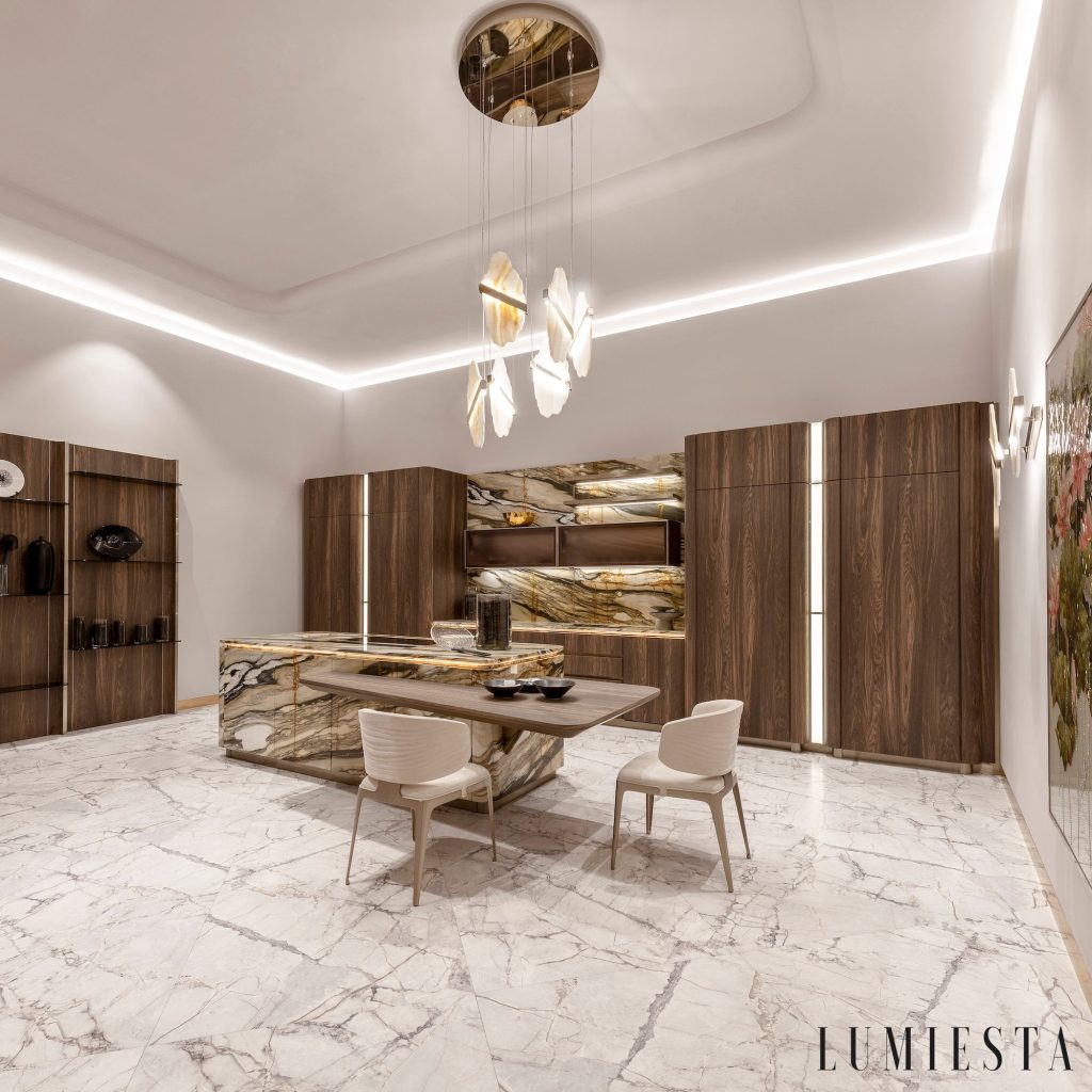 Romastra - złoty stelaż i biały alabaster w lampie wiszącej do salonu