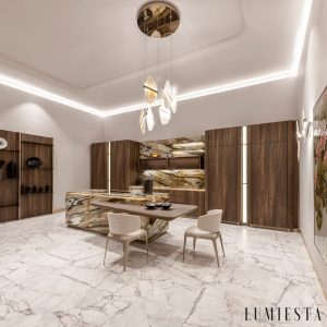 Romastra - złoty stelaż i biały alabaster w lampie wiszącej do salonu