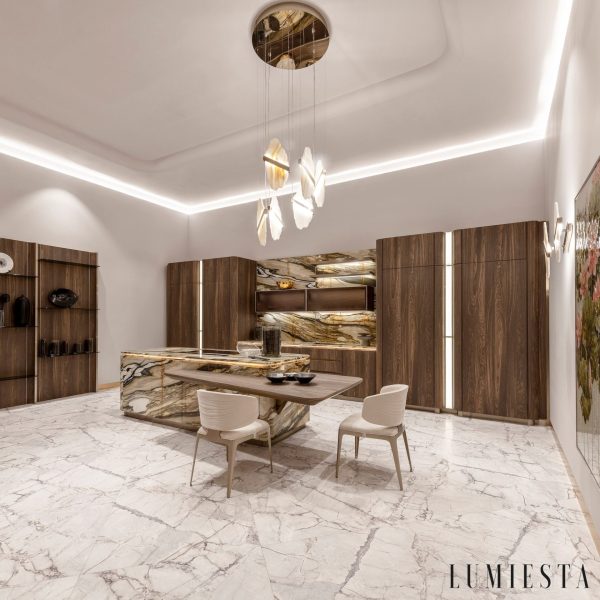 Romastra - złoty stelaż i biały alabaster w lampie wiszącej do salonu
