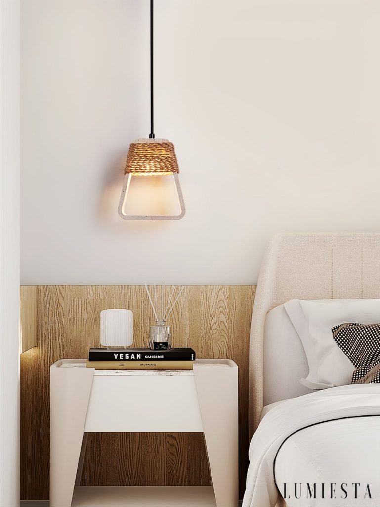Lampa wisząca trawertynowa żółta Santiaga, profil boczny z kompaktowym kloszem Ø15 cm