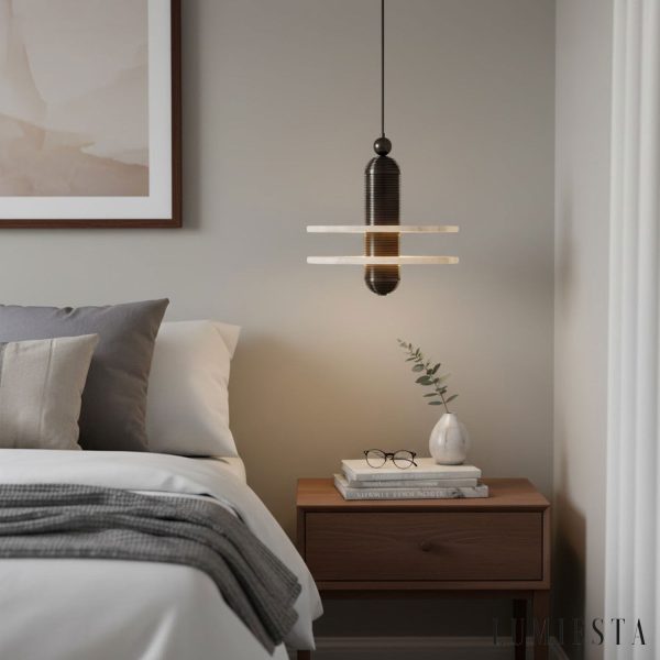 Scalara - Lampa wisząca loftowa czarno-biała z alabastrem do salonu, Ø28/40 cm