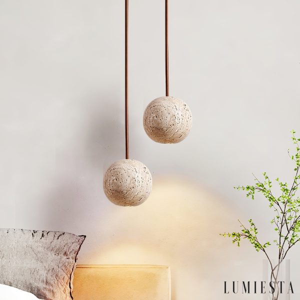 Sferaluna - Lampa wisząca travertynowa, żółta, do jadalni, Ø10 x H10 cm