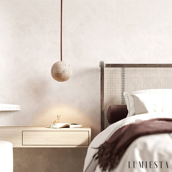 Sferaluna - Lampa wisząca travertynowa, żółta, do jadalni, Ø10 x H10 cm