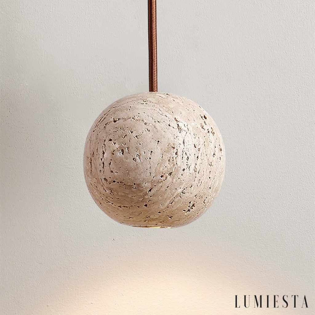 Sferaluna - lampa wisząca travertynowa żółta, detal metalu i trawertynu