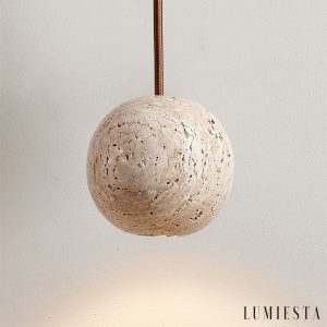 Sferaluna - Lampa wisząca travertynowa, żółta, do jadalni, Ø10 x H10 cm