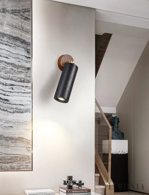 Sierava - Kinkiet drewniany orzechowy z czarnym trawertynem do salonu Ø7 x 16 cm