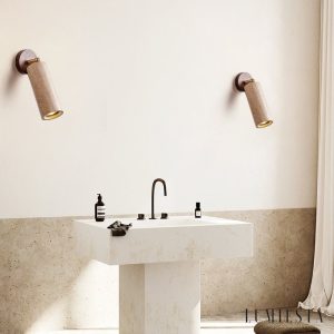 Sierava - Kinkiet drewniany orzechowy z czarnym trawertynem do salonu Ø7 x 16 cm