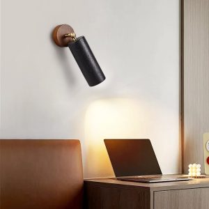 Sierava - Kinkiet drewniany orzechowy z czarnym trawertynem do salonu Ø7 x 16 cm