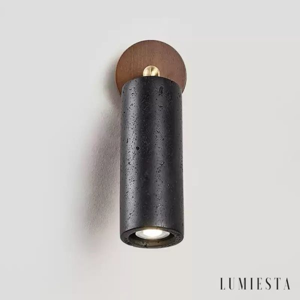 Sierava - Kinkiet drewniany orzechowy z czarnym trawertynem do salonu Ø7 x 16 cm