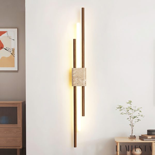 Skaliope - Lampa wisząca minimalistyczna orzechowa z trawertynem nad stół ∅9x90cm