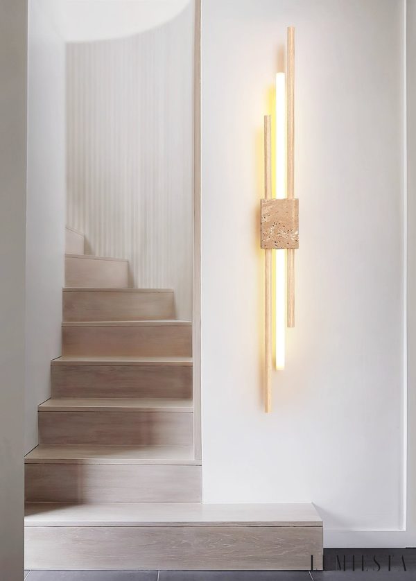 Skaliope - Lampa wisząca minimalistyczna orzechowa z trawertynem nad stół ∅9x90cm