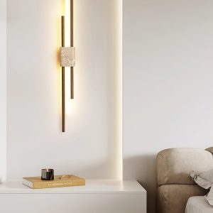 Skaliope - Lampa wisząca minimalistyczna orzechowa z trawertynem nad stół ∅9x90cm