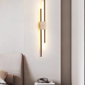 Skaliope - Lampa wisząca minimalistyczna orzechowa z trawertynem nad stół ∅9x90cm