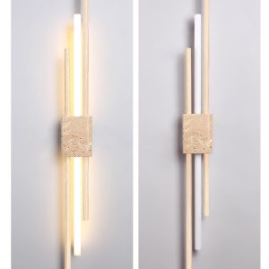 Skaliope - Lampa wisząca minimalistyczna orzechowa z trawertynem nad stół ∅9x90cm