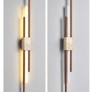 Skaliope - Lampa wisząca minimalistyczna orzechowa z trawertynem nad stół ∅9x90cm