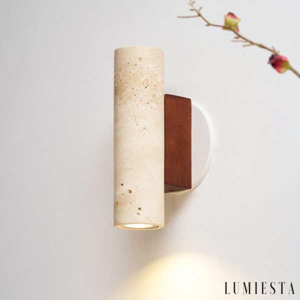 Sloneva - Kinkiet trawertynowy, orzechowy, do salonu i sypialni, Ø7x23 cm