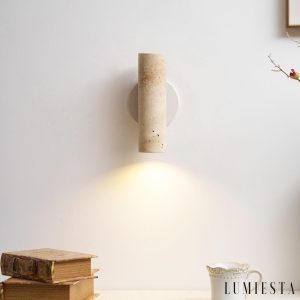 Sloneva - Kinkiet trawertynowy, orzechowy, do salonu i sypialni, Ø7x23 cm