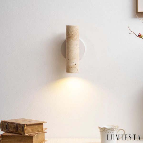 Sloneva - Kinkiet trawertynowy, orzechowy, do salonu i sypialni, Ø7x23 cm