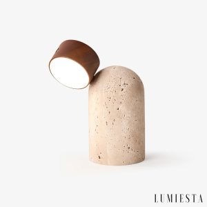 Soltrava - Lampa stołowa trawertynowa, drewno orzechowe, do salonu, Ø9 x H15 cm