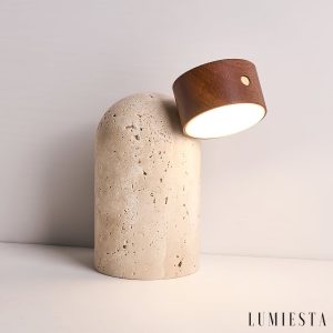 Soltrava - Lampa stołowa trawertynowa, drewno orzechowe, do salonu, Ø9 x H15 cm