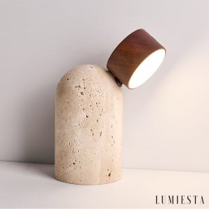 Soltrava - Lampa stołowa trawertynowa, drewno orzechowe, do salonu, Ø9 x H15 cm