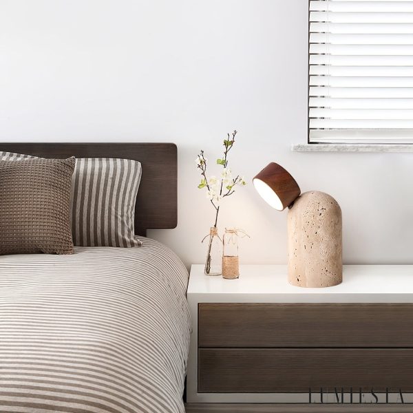 Soltrava - Lampa stołowa trawertynowa, drewno orzechowe, do salonu, Ø9 x H15 cm