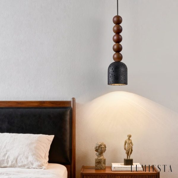 Spartis - Lampa wisząca travertynowo-drewniana, żółty/orzech, nad stół Ø10x22cm