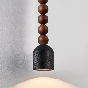 Spartis - Lampa wisząca travertynowo-drewniana, żółty/orzech, nad stół Ø10x22cm