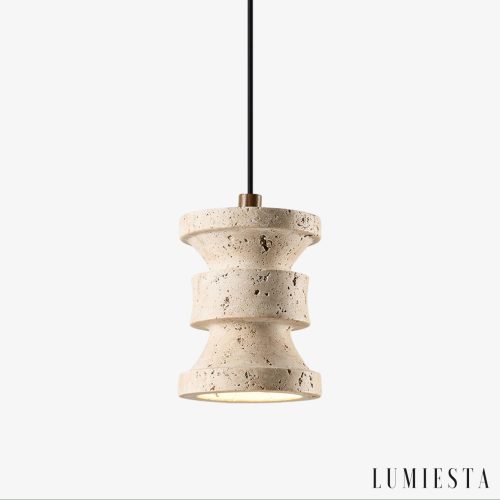 Strvello - Lampa wisząca trawertynowa, żółta z drewnem do salonu, Ø11 x 14 cm