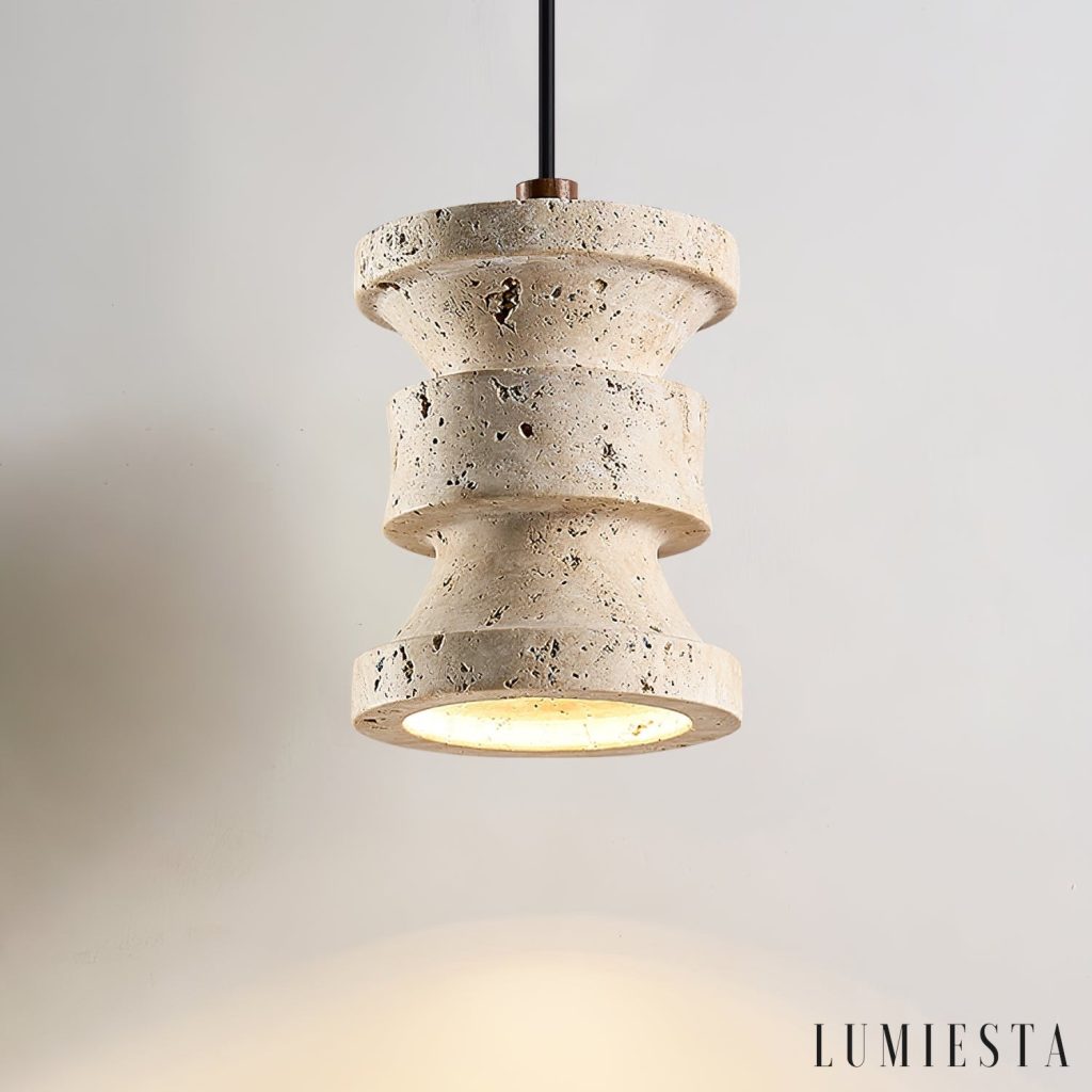 Strvello - lampa wisząca trawertynowa żółta z drewnem, ujęcie całości