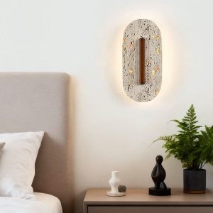 Taravyn - Lampa wisząca z żółtego trawertynu i orzecha, do salonu Ø14x30 cm