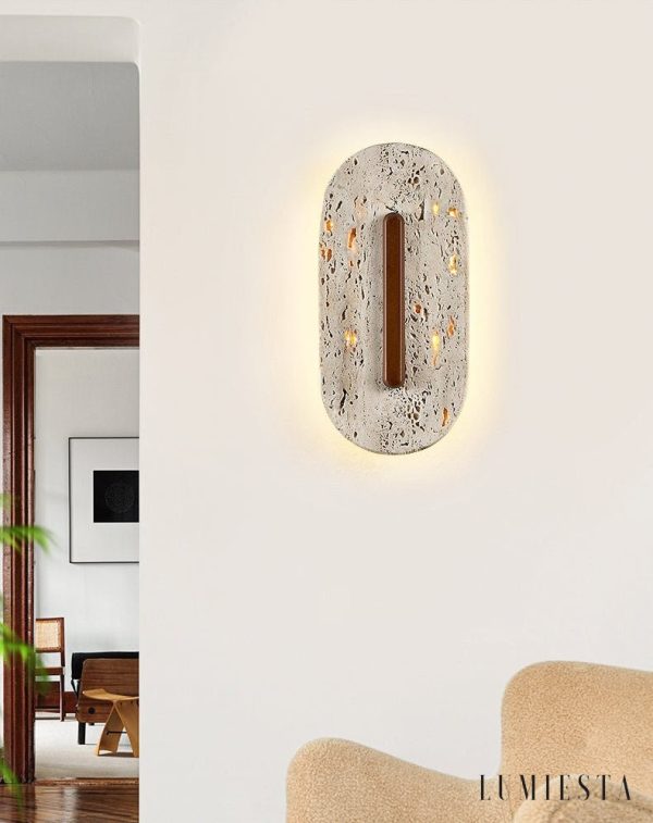 Taravyn - Lampa wisząca z żółtego trawertynu i orzecha, do salonu Ø14x30 cm