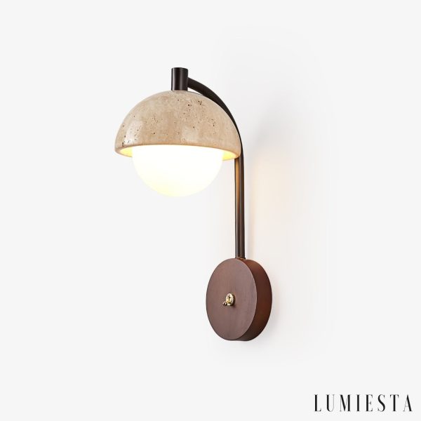 kinkiet trawertynowy żółty z drewnem orzechowym - widok z przodu